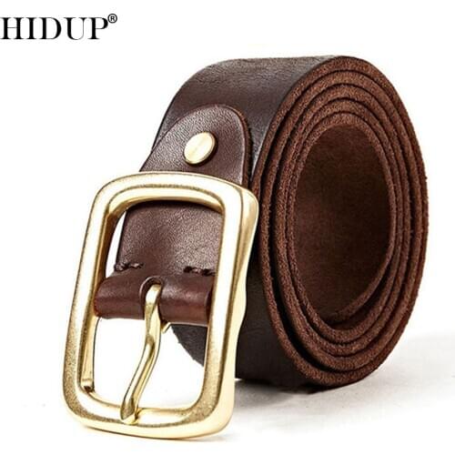 HIDUP Mens Top Quality Cowhide Leather Belt Solid Brass Clasp Buckle Cow Skin Belts Clothing Jeans Accessories for Men NWJ290