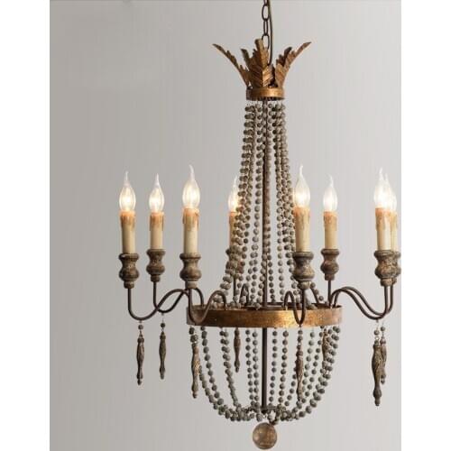 Retro wooden bead chandelier American country living room dining room stairwell clothing store candles and old wrought iron lamp