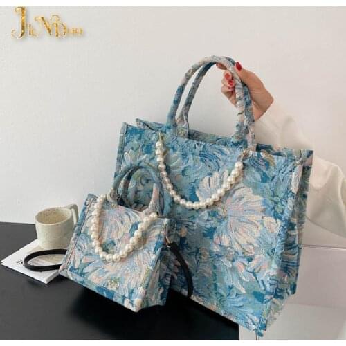 Luxury Pearl Tote Bags For Women Brand Designer High-Capacity Canvas Handbag Ladies Street Shopping Shoulder Crossbody Bags