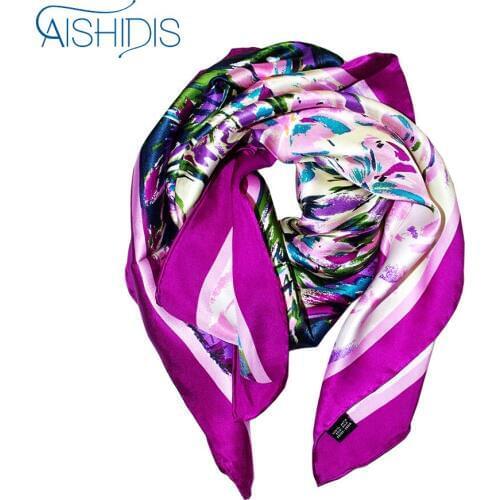 Aishidis 34" 100% Real Silk Square Scarf Luxury Brand Fashion Scarves & Wraps Oil Painting Works Hand-rolled Hems 2 Colors