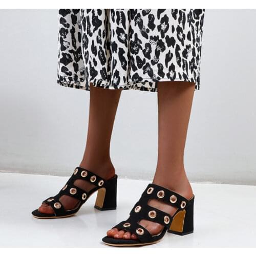 Ochanmeb Punk Gold Metal Buckle Hole Soft Faux Suede Leather Slippers Women Oversized 47 48 Black Pink Nude Block High Heel Shoe