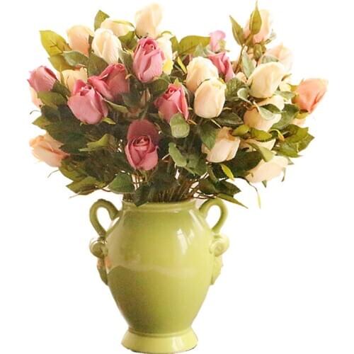 Creative Green Binaural Ceramic Flower Vase Crafts Modern Fashion Home Soft Decorative Retro Flower Pot Decoration Wedding Gifts