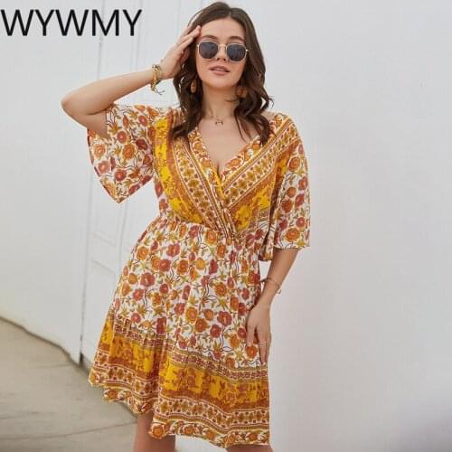 WYWMY 2021 Summer Plus Size Dress Floral Print Bohemian Resort Style Beach Party Mini Dress Female Sundress Vestidos