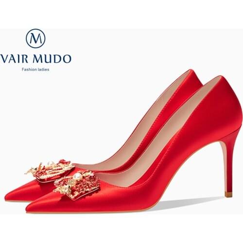 VAIR MUDO 2021 Womens Pumps Shoes High Thin Heels Silkworm Silk Romantic Red Pointed Toe Shoe Women Footwear High Quality 033