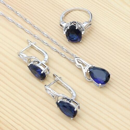 Womens Jewelry Set Water Drop Sapphire Pendant Chain Ring Earrings 925 Sterling Silver Jewelry Birthday Gift for Mom