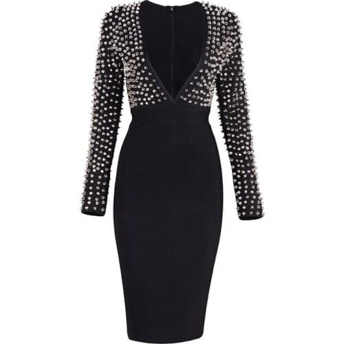 Top sexy autumn women dress sheath rivet deep v-neck black knee-length celebrity evening club bodycon bandage dresses