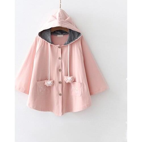 Winter Autumn Korean Fashion Cat Embroidered Teen Girls Loose Coat Casual Cute Pattern Oversize Long Sleeve Hooded Women Coat