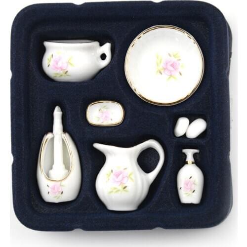 8Pcs/lot 1/12 Miniature Set Floral Ceramic Pastel Rose Dollhouse Bath Decoration Dolls Gift Kits Dollhouse Bathroom Accessories