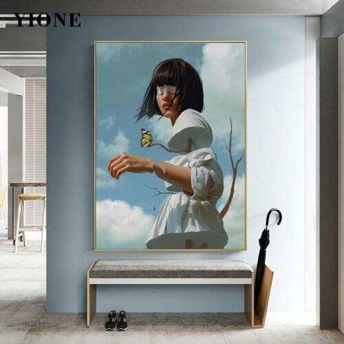 Abstract Art Figure Oil Painting Nordic Branches Girl Blue Sky Canvas Print Wall Picture for Living Room Home Decoration Poster