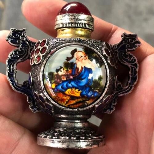 Antique miscellaneous ethnic Tibetan silver jade crafts snuff pot luck art copper