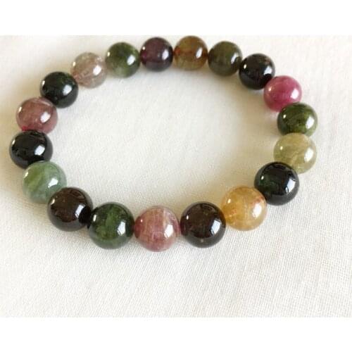 Brazil Natural Genuine Colorful Purple Green Pink Blue Tourmaline Multi-color Bracelet Round beads 10mm 05180
