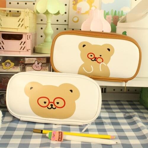 Cartoon bear pencil case School stationery storage bag Canvas cute pen case for children pencil bag large capacity pen bag gifts