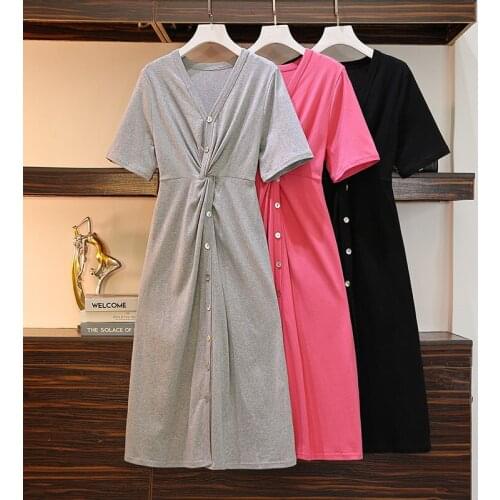 EHQAXIN 2021 Summer Dresses For Womens Fashion V-Neck Button Pleated Pure Color Casual Long Stretch Dress Plus Size Ladies L-4XL