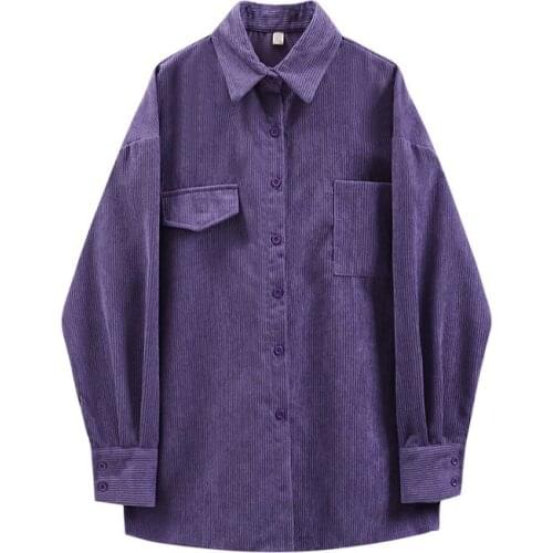 Purple Corduroy Women Shirts Spring New Design Thicken Pocket Loose Oversized Long-Sleeved Office Lady Outwear Tops