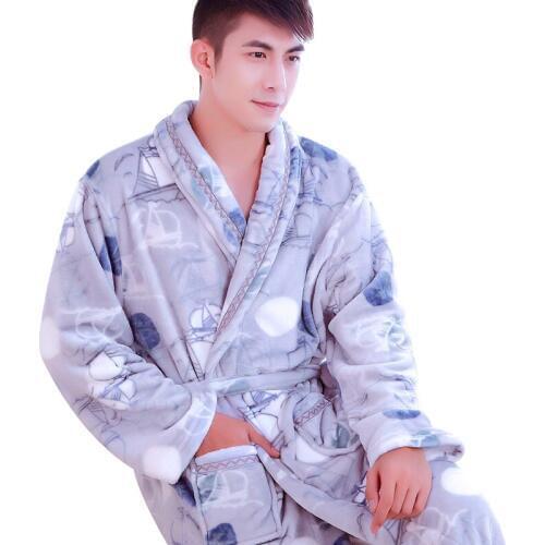 H5977 Men Thickening Flannel Robe Autumn Winter Long Sleeve Bathrobe Nightgown Male Coral Velvet Plus Size Casual Warm Nightwear