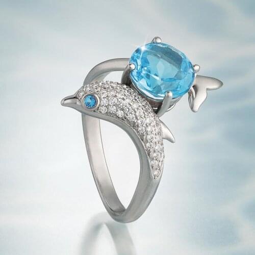 JK Romantic Silver Color Dolphin Women Dance Party Finger Ring with Blue Eye Body Full Paved CZ Stone Cute Ocean Animal Ring