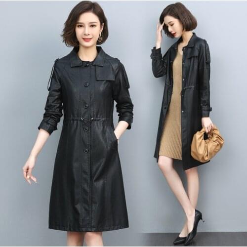 New Leather Jacket Long Womens Covered Button Leather Coat slim Fashion Female Motorcycle Clothing faux leather Blazer spring