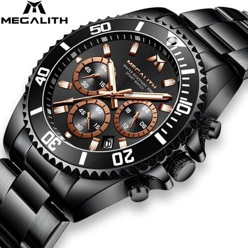 MEGALITH Chronograph Watches Men Fashion Brand Waterproof Stainless Analog Clock Male Casual Sport Waterproof Quartz Watch Man