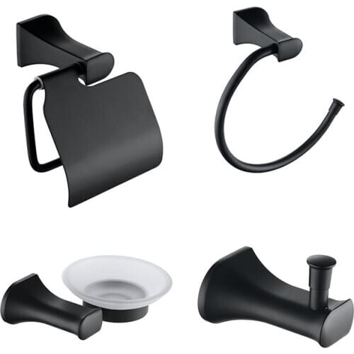 Stainless Steel Zink Bathroom Wall Mounted Pendant Towel Ring Roll Paper Holder Soap Dish Robe Hook Matte Black Accessories Set
