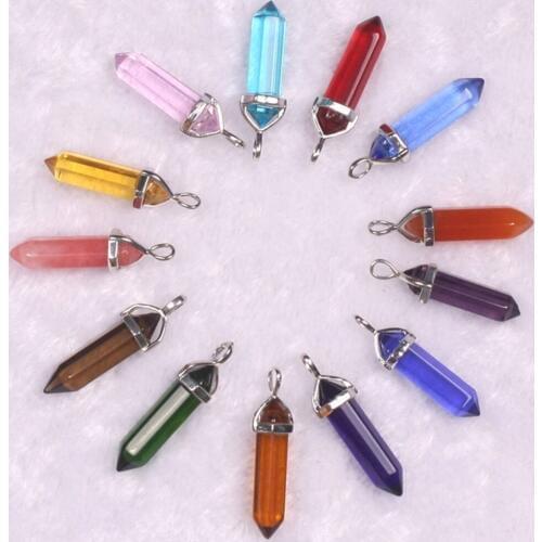 Wholesale 50pcs/lot Assorted Amethystes Lapis Natural Stone Pendants Charms Hexagonal Pointed Healing Reiki 7 Chakra Pendulum