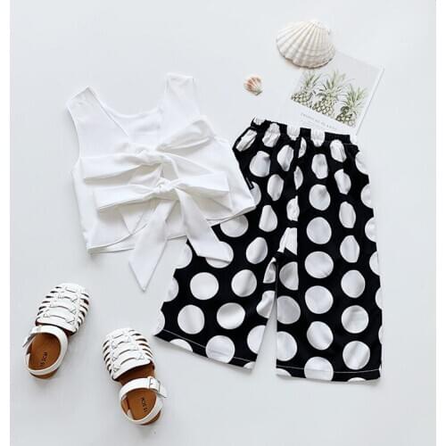 0-6 Years Kids Baby Girls Clothes Sets 2pcs Backless Bowknot Sleeveless Tops Vest+Polka Dot Wide Leg Pants 2020 New Summer Suits