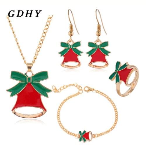 GDHY Christmas Bell Necklace suit Enamel Jewelry Xmas Bowknot Bell Ring Necklace Bracelets Merry Christmas Sets Jewelry