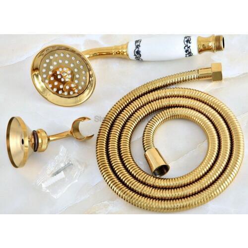 Luxury Gold Color Brass Telephone Style Ceramics Hand Held Bathroom Shower Head +Wall Bracket+1.5m Hose thh042