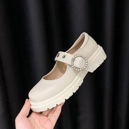 Sweet Cute Mary Jane Shoes Woman Chunky Heels Platform Casual Shoes Women Crystal Rhinestone Round Buckle Loafers Pumps Beige 43