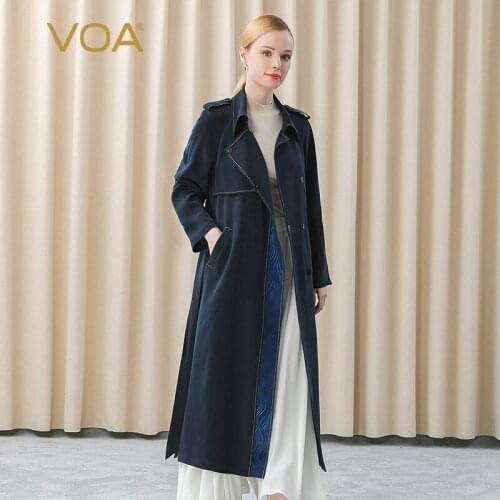 VOA Heavy Silk 30m/m Navy Lapel Epaulets Raglan Sleeves Dark Button Jacquard Stitching Placket Long Trench Coat FE99