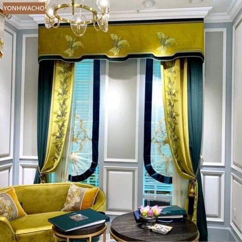 Custom curtain luxury European flannel embroidery thick green velvet cloth blackout curtain valance tulle drapery C759