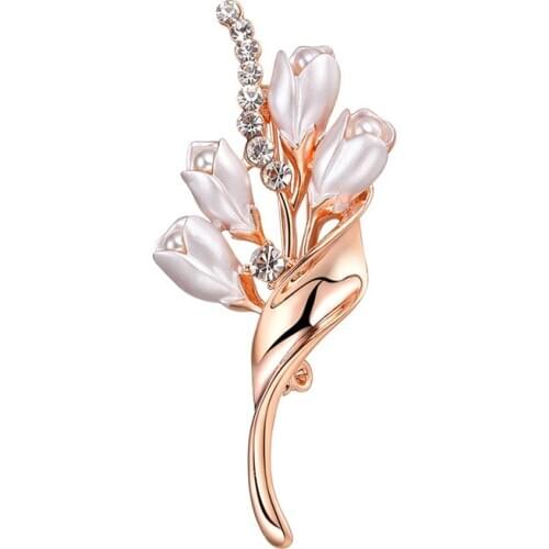 MOONROCY Rose Gold Color Crystal Brooch Artificial Pearl Flower Tulips OL Trendy Jewelry Wholesale for Women Gift Dropshipping
