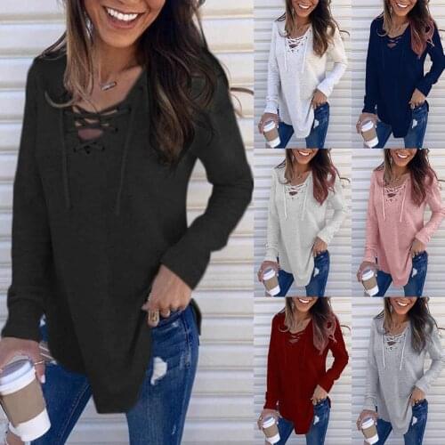 Women Blouses 2020 Fashion Long Sleeve Autumn Casual Women Loose Solid Color Lace Up V Neck Long Sleeve T-Shirt Top