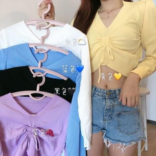 Spring and autumn new drawstring long-sleeved V-neck sweater women thin slim puff sleeve top