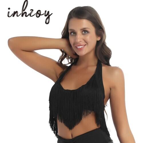 Women Halter Black/White Tassels Fringed Crop Tops Stage Performance Adult Dancewear Cha-Cha Rumba Latin Belly Dance Costumes