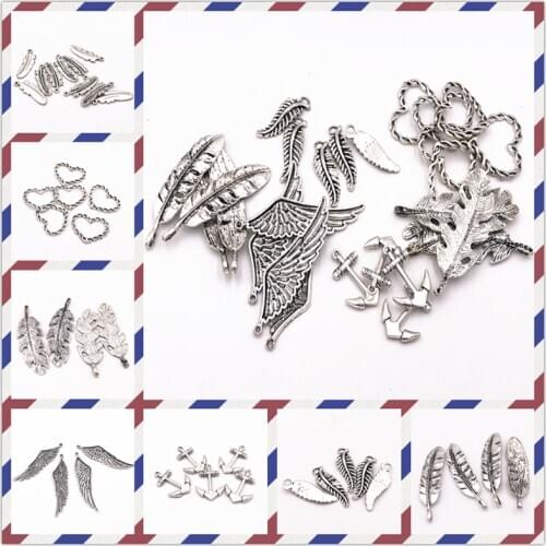 7style silver color Vintage fashion Wing,leaves,Love,anchor, Unisex Cool Pendant DIY necklace handmade accessorie birthday Gift