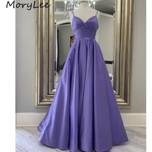 Prom Dresses 2021 Purple Spaghetti Straps A-Line High Quality Satin Pleated Prom Dresses Zipper vestidos de fiesta de noche