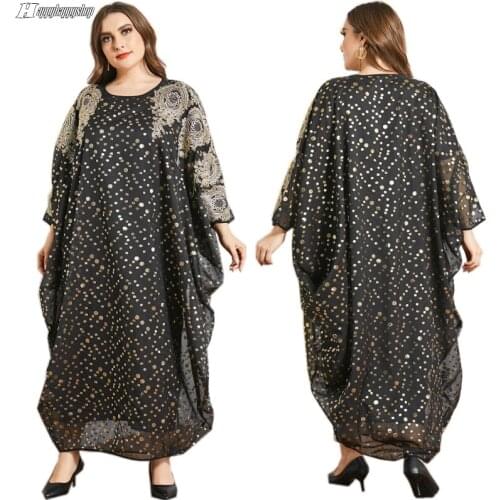 2021 Women Dubai Party Dress Bat Sleeve Sequins Loose Robe Muslim Islamic Abaya Kaftan African Female Gowns Vestidos