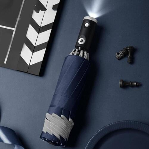 Male Folding Umbrella Womens Automatic Umbrella LED Light Tri-fold Reverse Reflective Fluorescent Strip Edge Automatic Umbrella