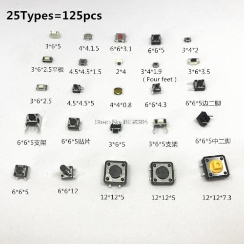 125pcs 25Types/lot Switches Assorted Micro Push Button Tact Switch Reset Mini Leaf Switch SMD DIP 2*4 3*6 4*4 6*6 diy kit
