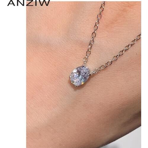 ANZIW Sterling Silver Oval Cut 6*8mm Created SONA Diamond Fashion Simple Pendant Necklace for Women Jewelry Gifts