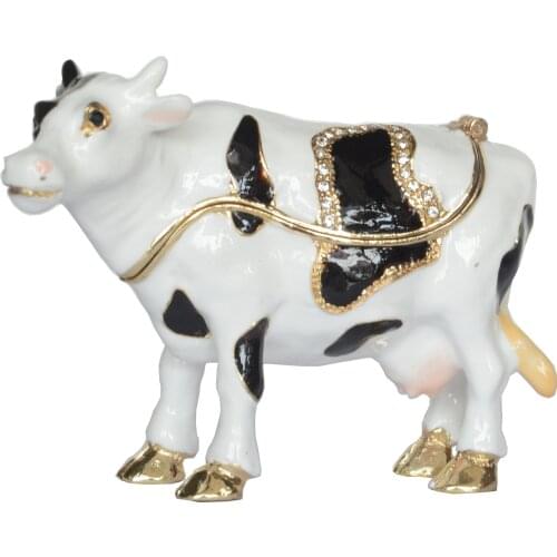Bejeweled Black White Cow Trinket Box Metal Jewelry Box Cow Miniature Ring Holder Gift for Her