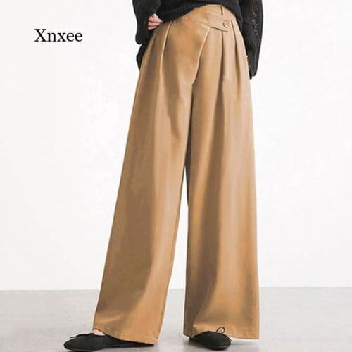 Spring and Autumn Womens New Fashion High Waist Wide Leg Pants Casual Solid Color Buttons Loose Irregular Long Pants Elegant La