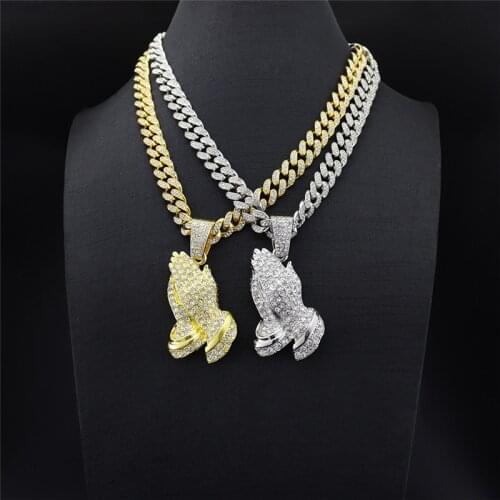 Prayer Necklace For Men Women Hip Hop Christian Jewelry Cubic Zircon Praying Hands Pendant, With Iced Out Cuban Chain 20"