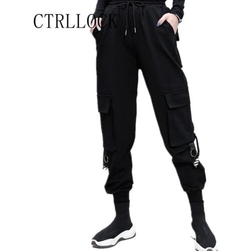 CTRLLOCK Harajuku Punk Ribbons Buckle Cargo Pants Hiphop Streetwear BF Slim High Waist Trousers For Female