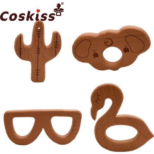 Coskiss Baby Wooden Teether 1pcs Natural Wooden Animal Elephant Bunny Teething Rattle Montessori Inspired Nursing Pendant