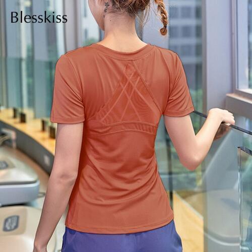 Blesskiss Cut Out Gym Shirt Women Yoga Top Short Sleeve Sport Shirt For Women Fitness Workout Tops T-shirt Sportswear Pink