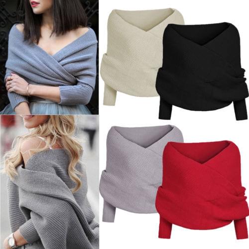 HIRIGIN Fashion Women Cross Front Wrap Sweater Tops Long sleeve Knit Scarf Shawl SweaterS
