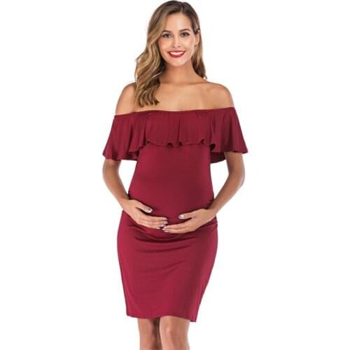 Summer Pregnant Womens Dresses Short Sleeve Solid Color Off Shoulder Maternity Wear Ruffle Mini Length Pregnancy Clothes Female