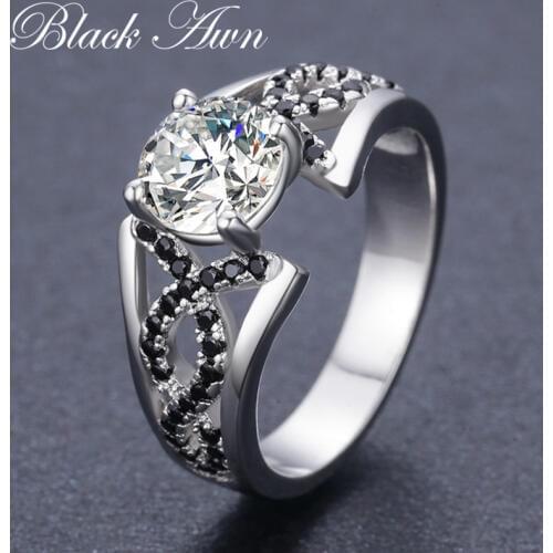 Trendy 925 Sterling Silver Jewelry Black Spinel Leaf Engagement Rings for Women Bijoux Bague C481