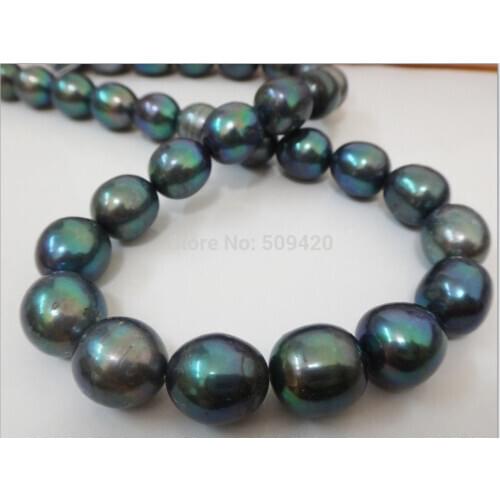 17“ 9-11MM NATURAL TAHITIAN GENUINE BLACK PEACOCK GREEN OVAL PEARL NECKLACE